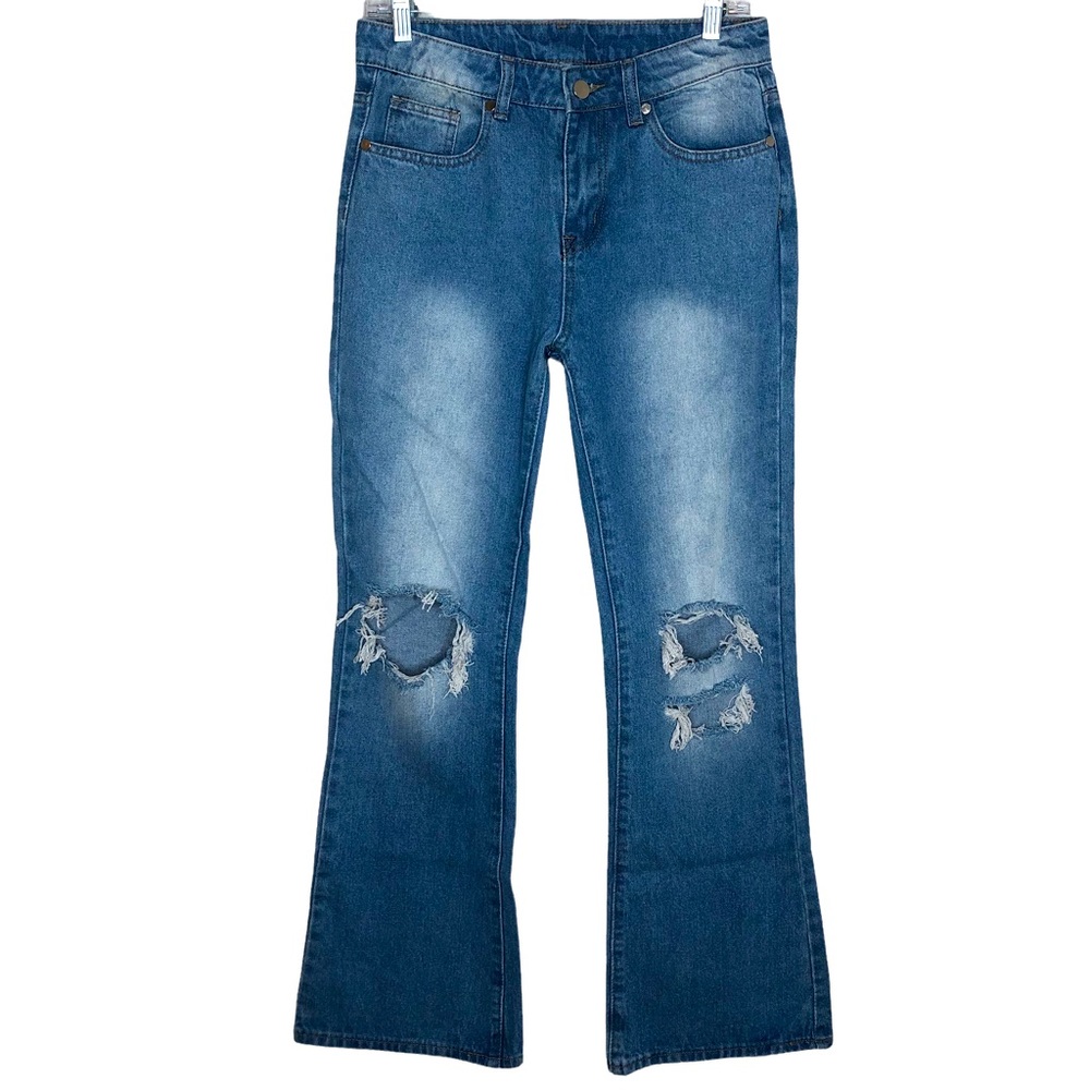 SHEIN High Rise Distressed Knee Hole Blue Wash Flare Wide Leg Jeans